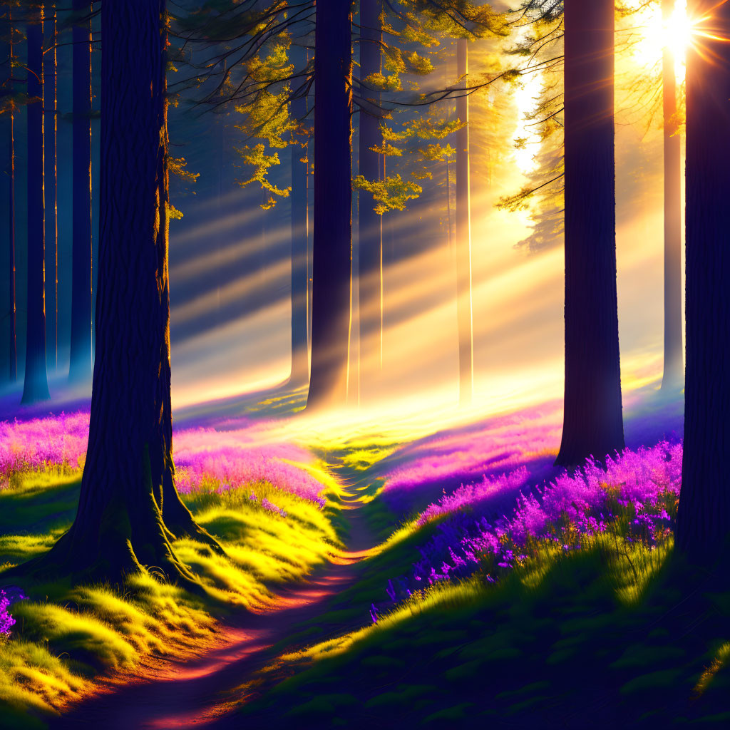 Sunlit Forest Path with Purple Flowers: A Dreamlike Scene