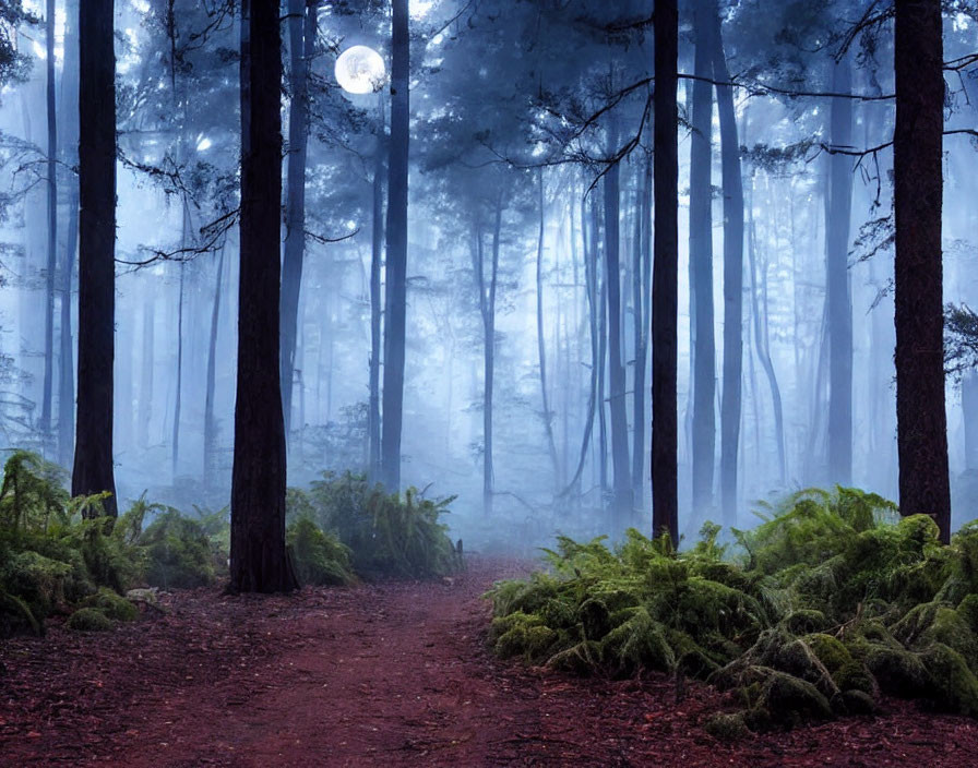 Moonlit misty forest with ferns, towering trees, and ethereal blue twilight.