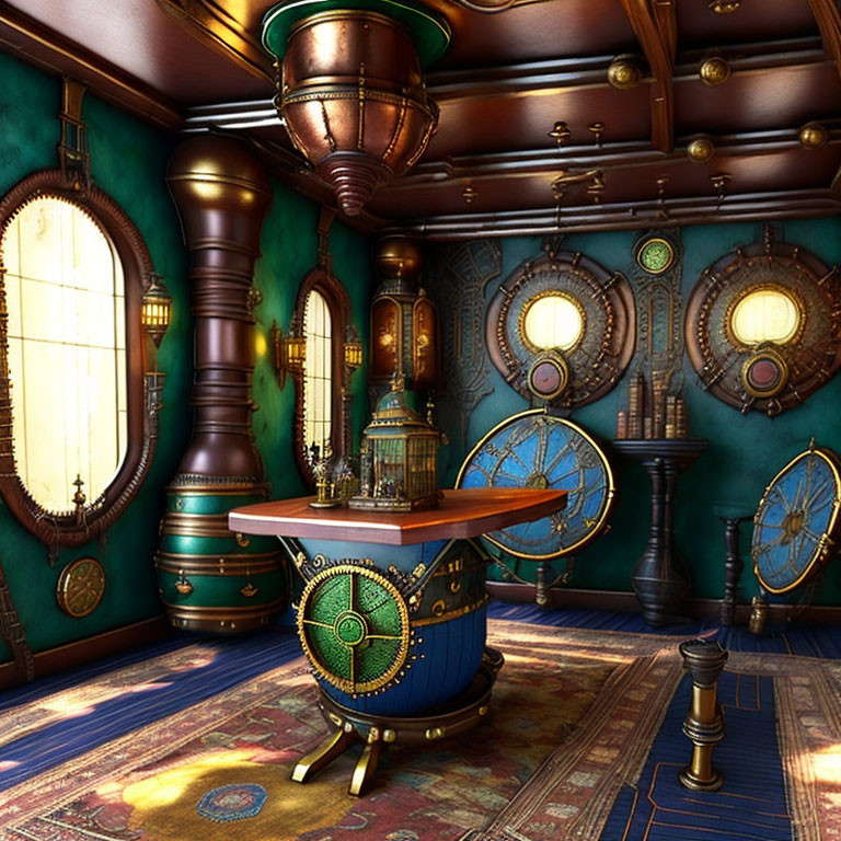 Steampunk-themed Room with Brass Gears and Clockwork Designs