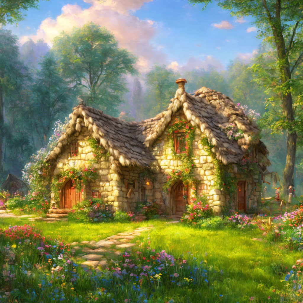 Quaint Thatched-Roof Stone Cottages in Flower-Filled Forest