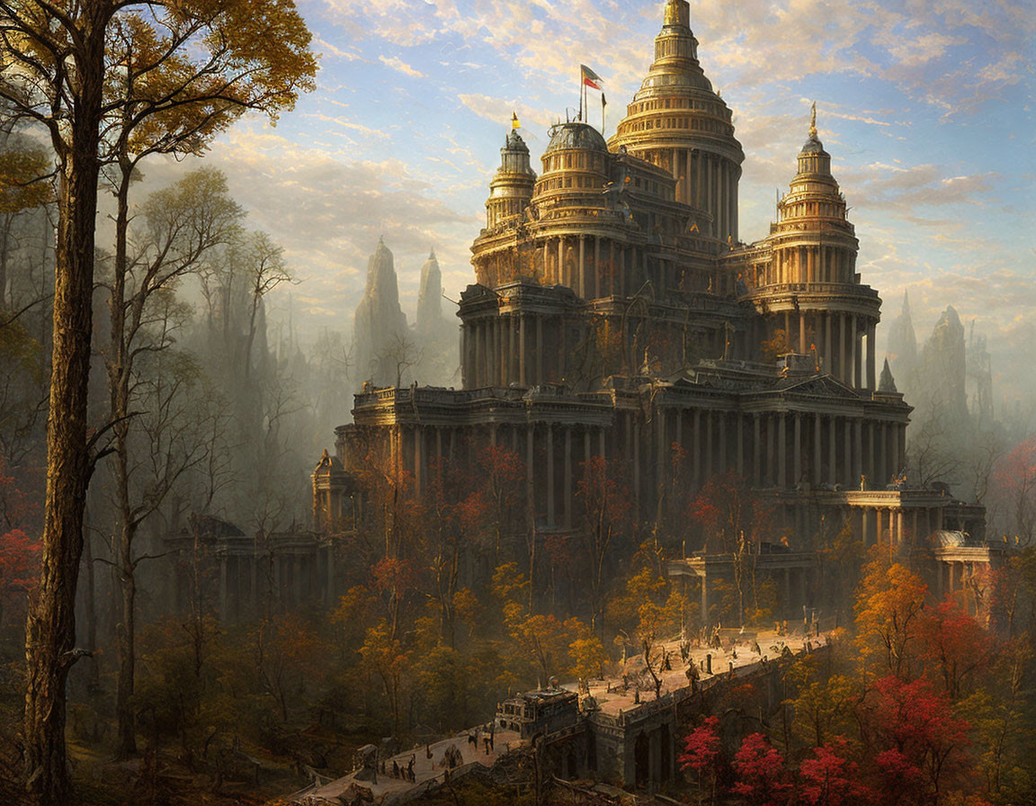 Grand classical building in autumn forest setting with golden light