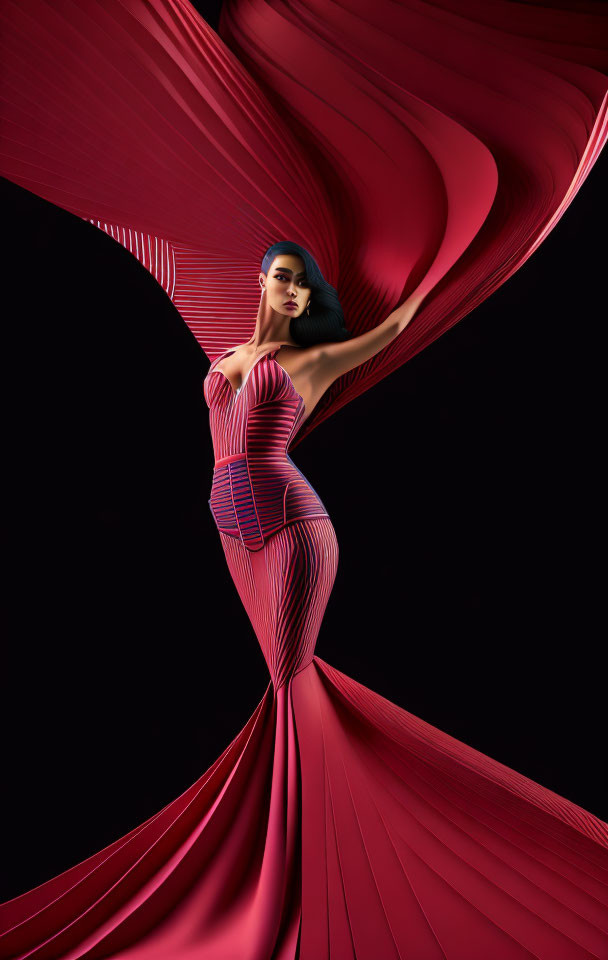 Woman posing with swirling red fabric on dark background