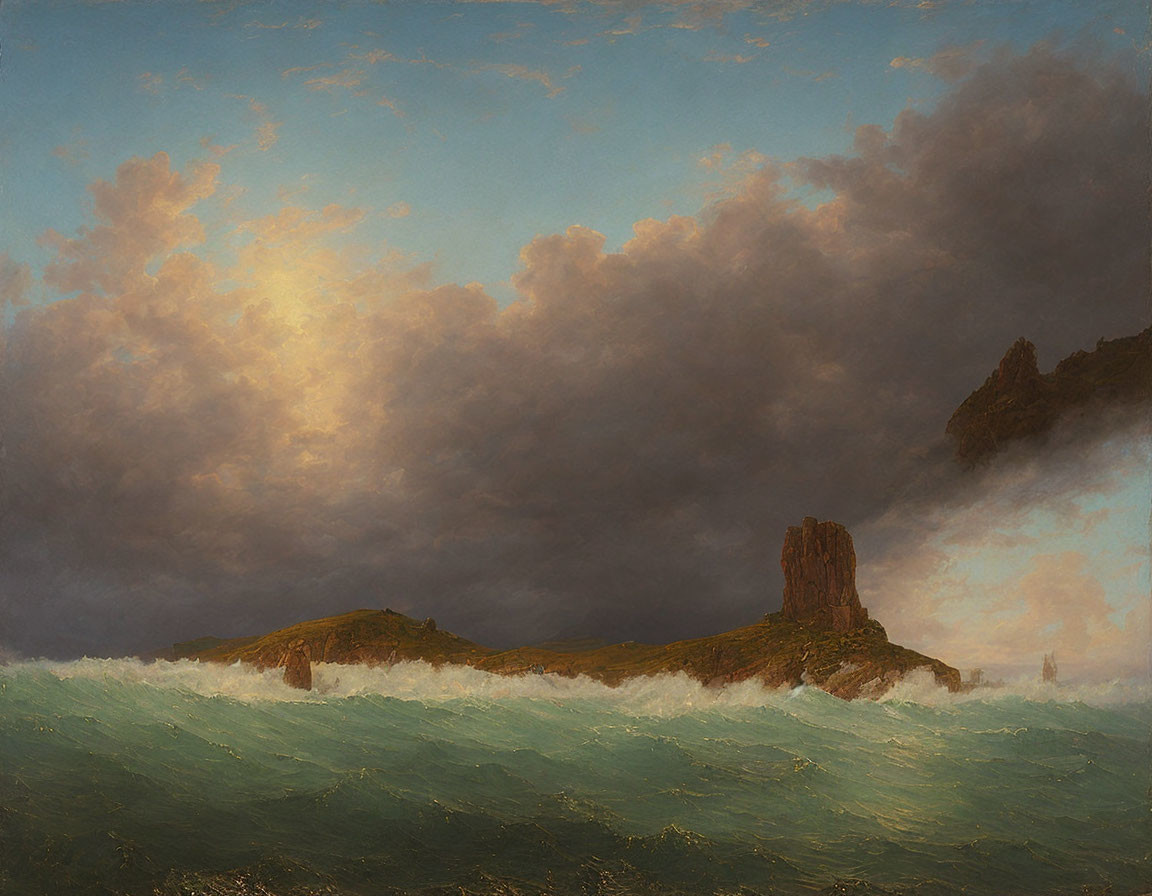 Stormy Seascape with Crashing Waves and Golden Sunlight