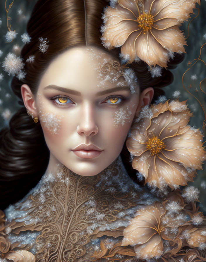 Detailed Winter Woman Illustration with Snowflake Adornments and Golden Eyes