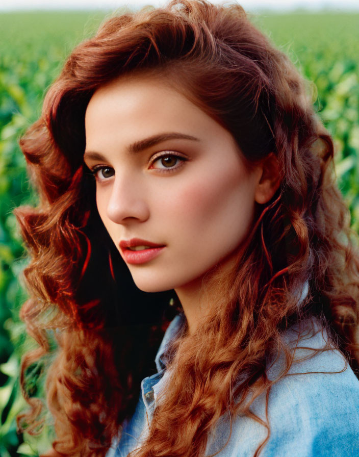 Curly auburn-haired woman in denim shirt with cornfield backdrop