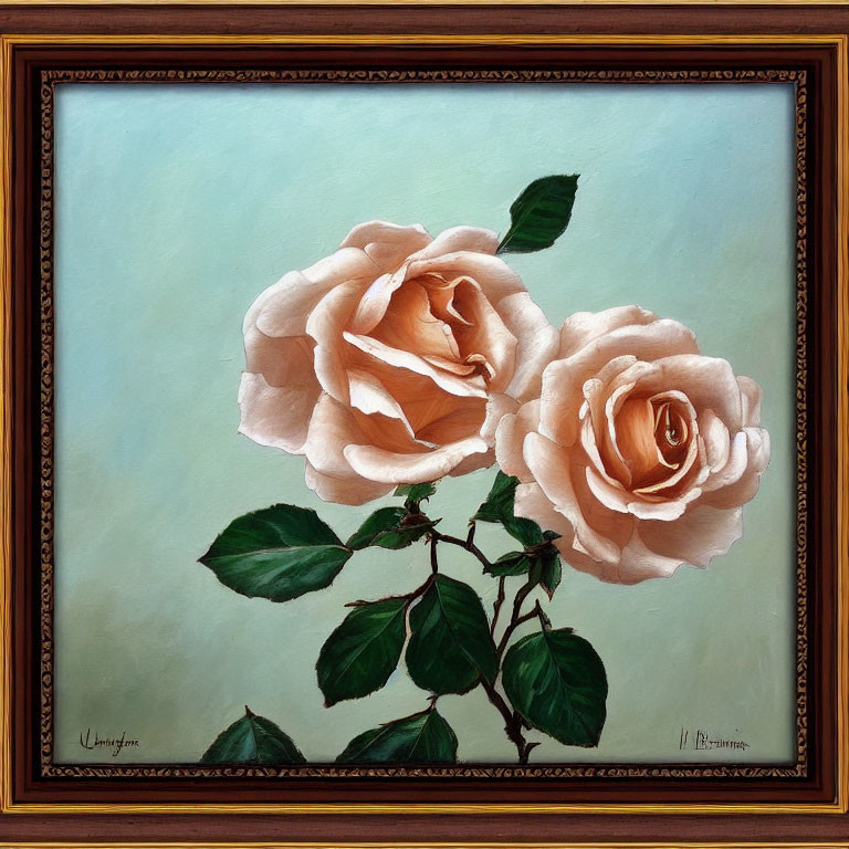 Realistic Pale Pink Roses Painting on Light Blue Background