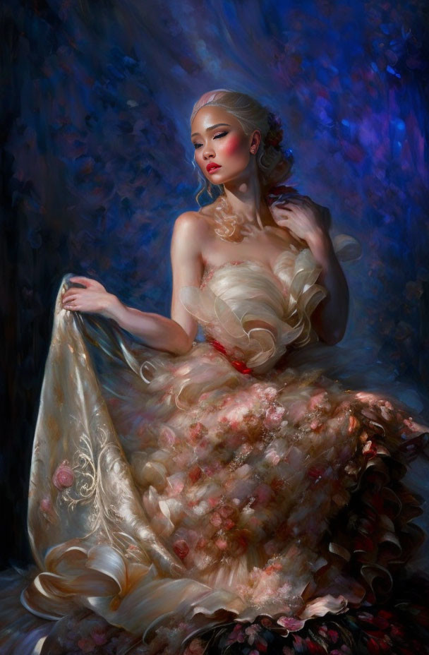 Elegant woman in floral gown against dreamy background