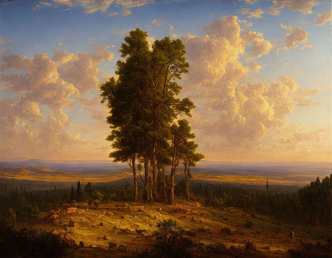 Sunset landscape painting: tall trees on hill with countryside views