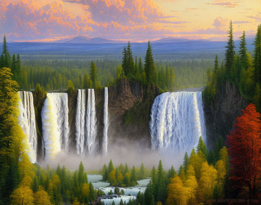 Majestic waterfalls in lush forest with colorful sky