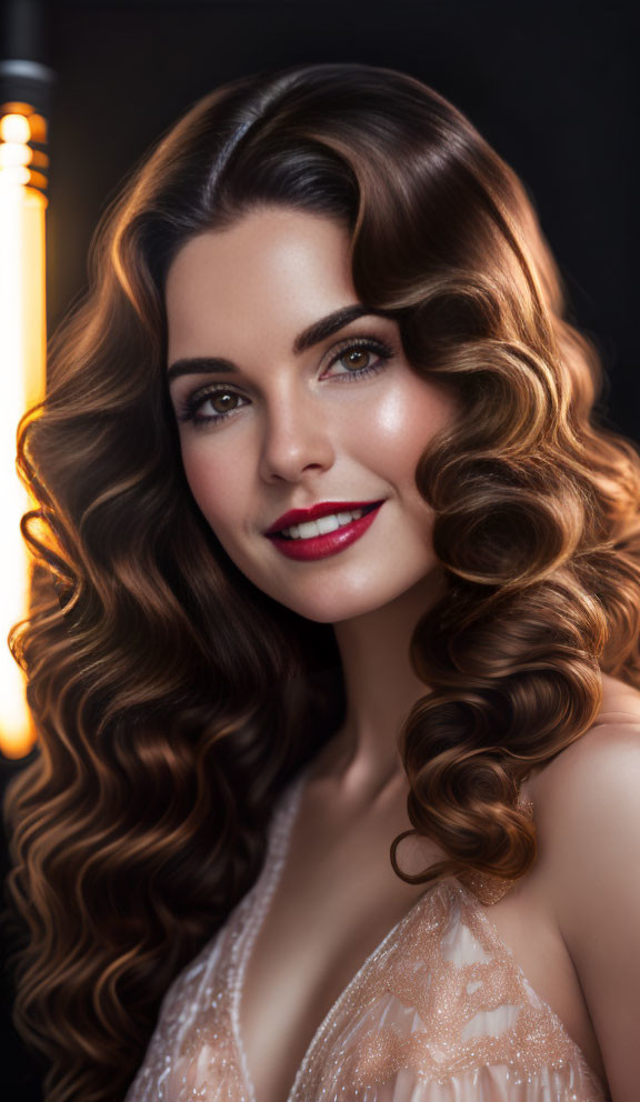 Curly Brown Hair Woman in Sparkling Dress with Red Lipstick