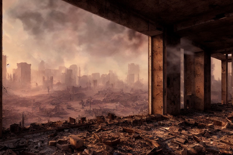 Devastated post-apocalyptic cityscape with smoke and ruins.