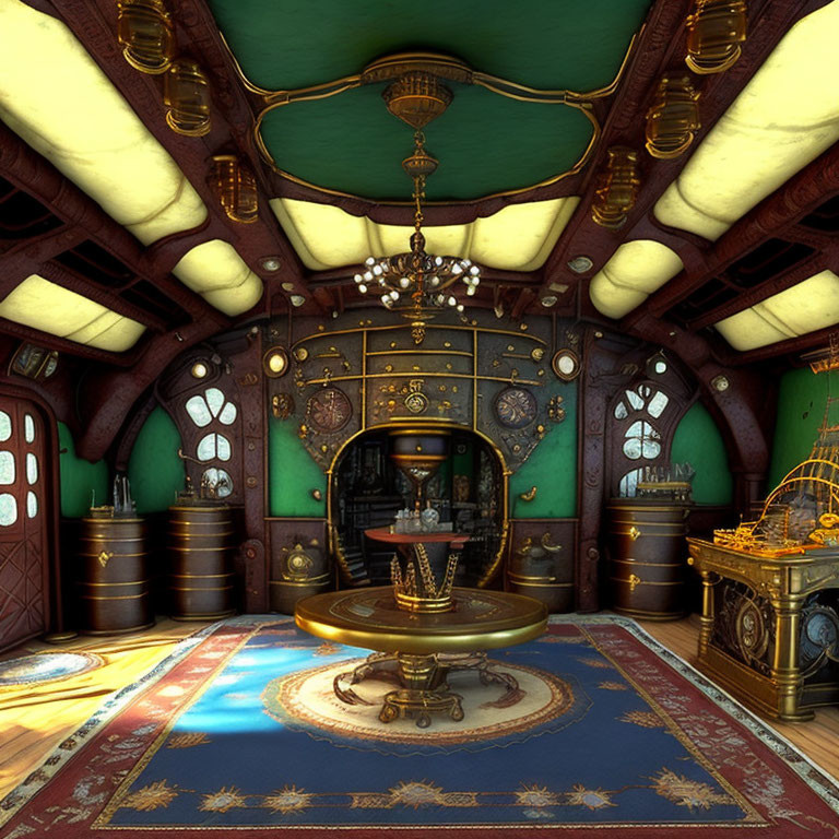 Steampunk-themed room with brass fixtures, round window, wood paneling, intricate ceiling, ch