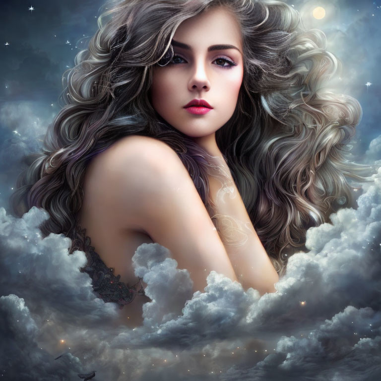 Surreal portrait of woman with wavy hair in starry sky