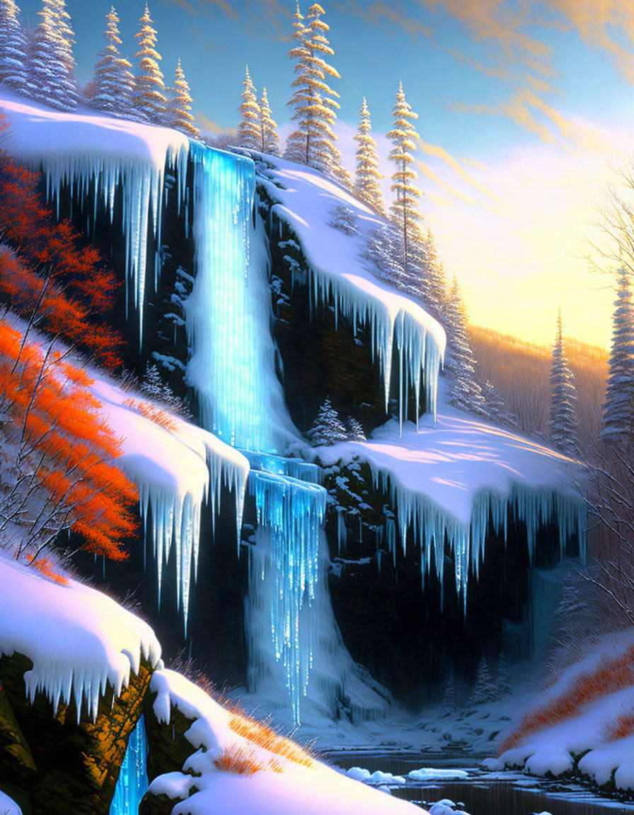 Frozen Waterfall Surrounded by Snow-Covered Trees and Autumn Foliage