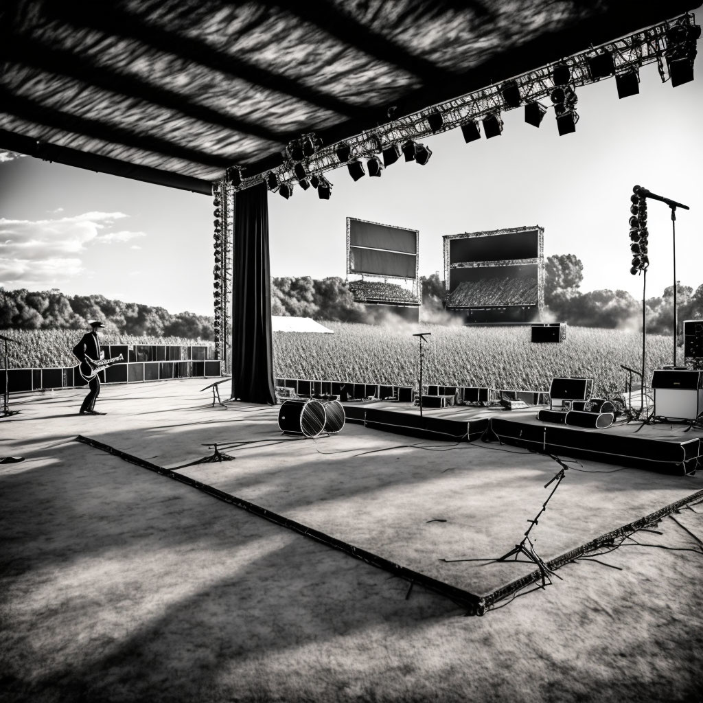 Person playing guitar on outdoor stage with speakers and lights overlooking field under cloudy sky