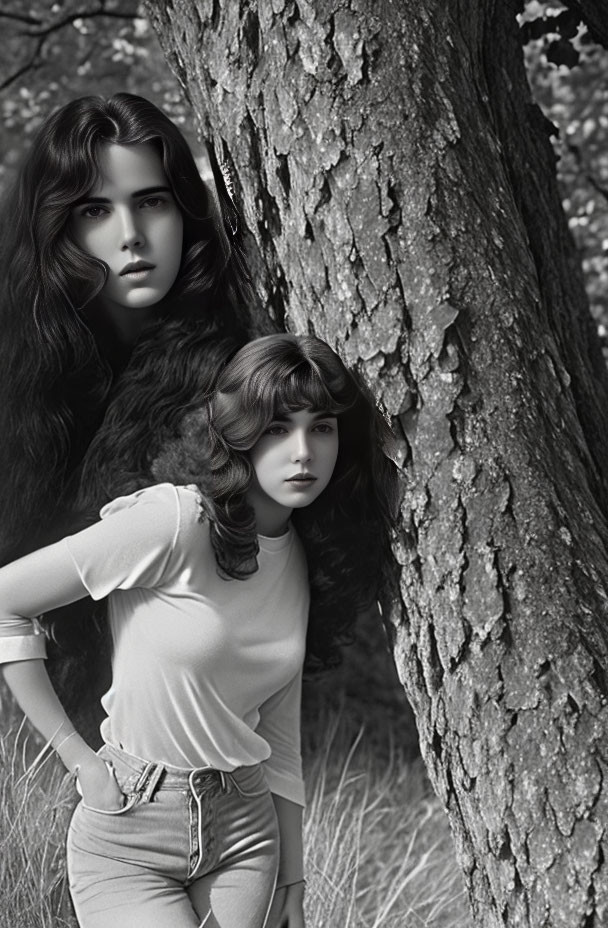 Two women by a tree with textured bark and leaves in monochrome.