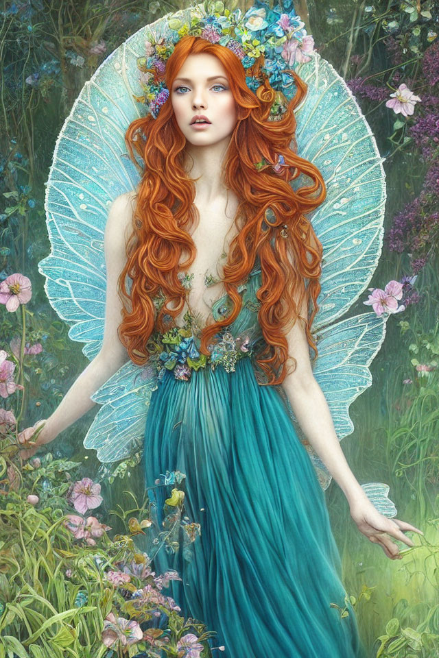 Fantasy artwork: Woman with red hair, floral crown, teal dress, dragonfly wings, lush