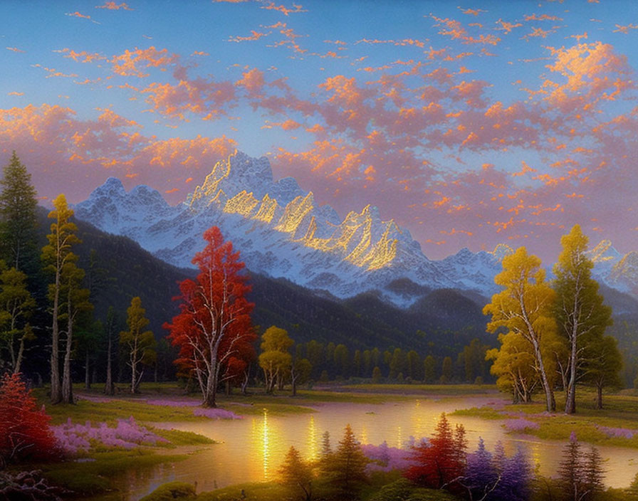 Tranquil landscape with river, autumn trees, and snow-capped mountains