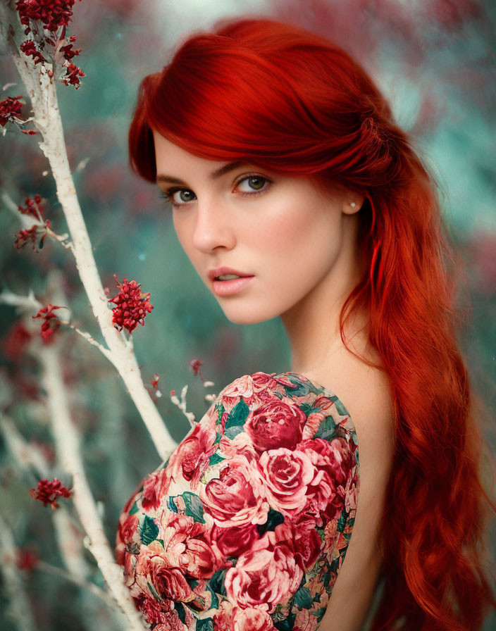 Vibrant red-haired woman in floral dress among red flowers