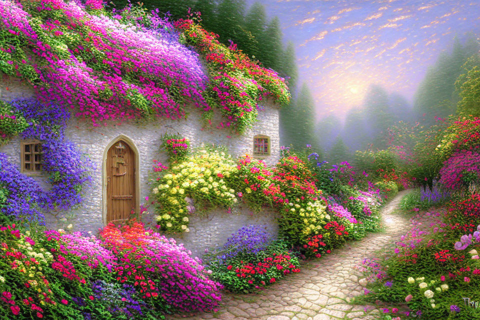 Charming stone cottage surrounded by vibrant flowers and cobblestone path.