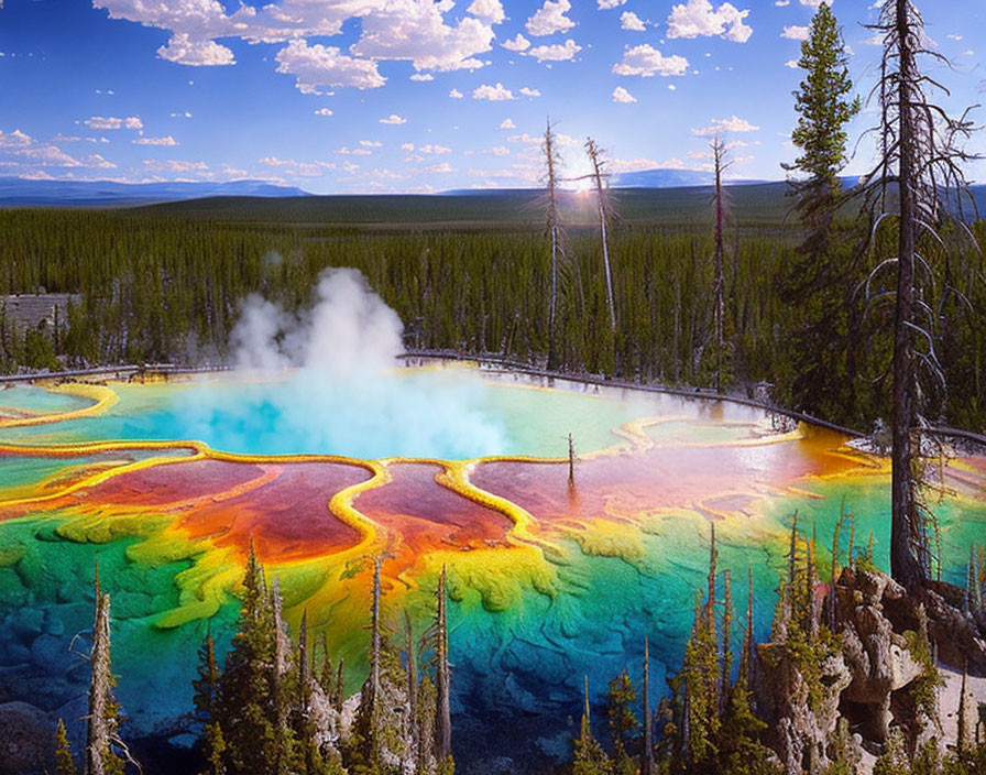 Vivid Geothermal Spring Surrounded by Pine Forest