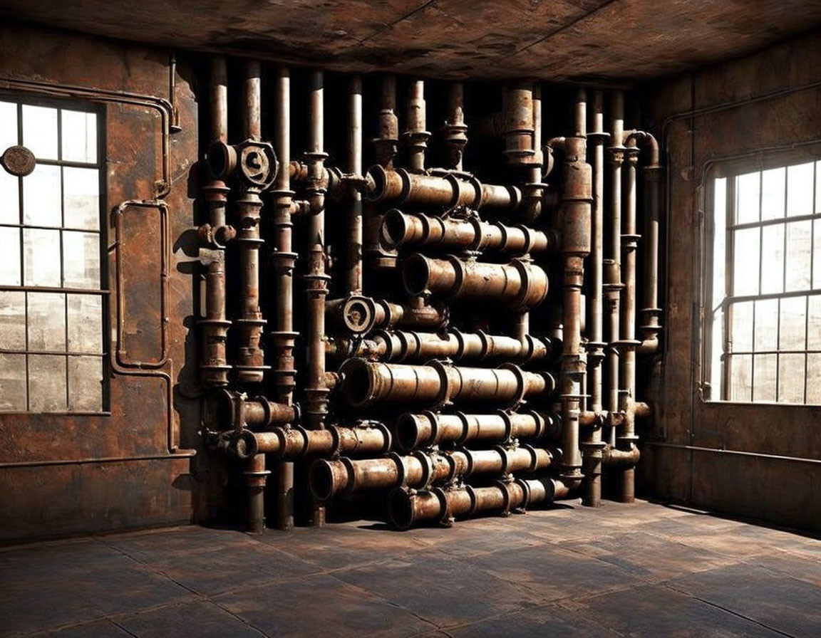 Rusty Pipes Network on Dimly Lit Room Wall