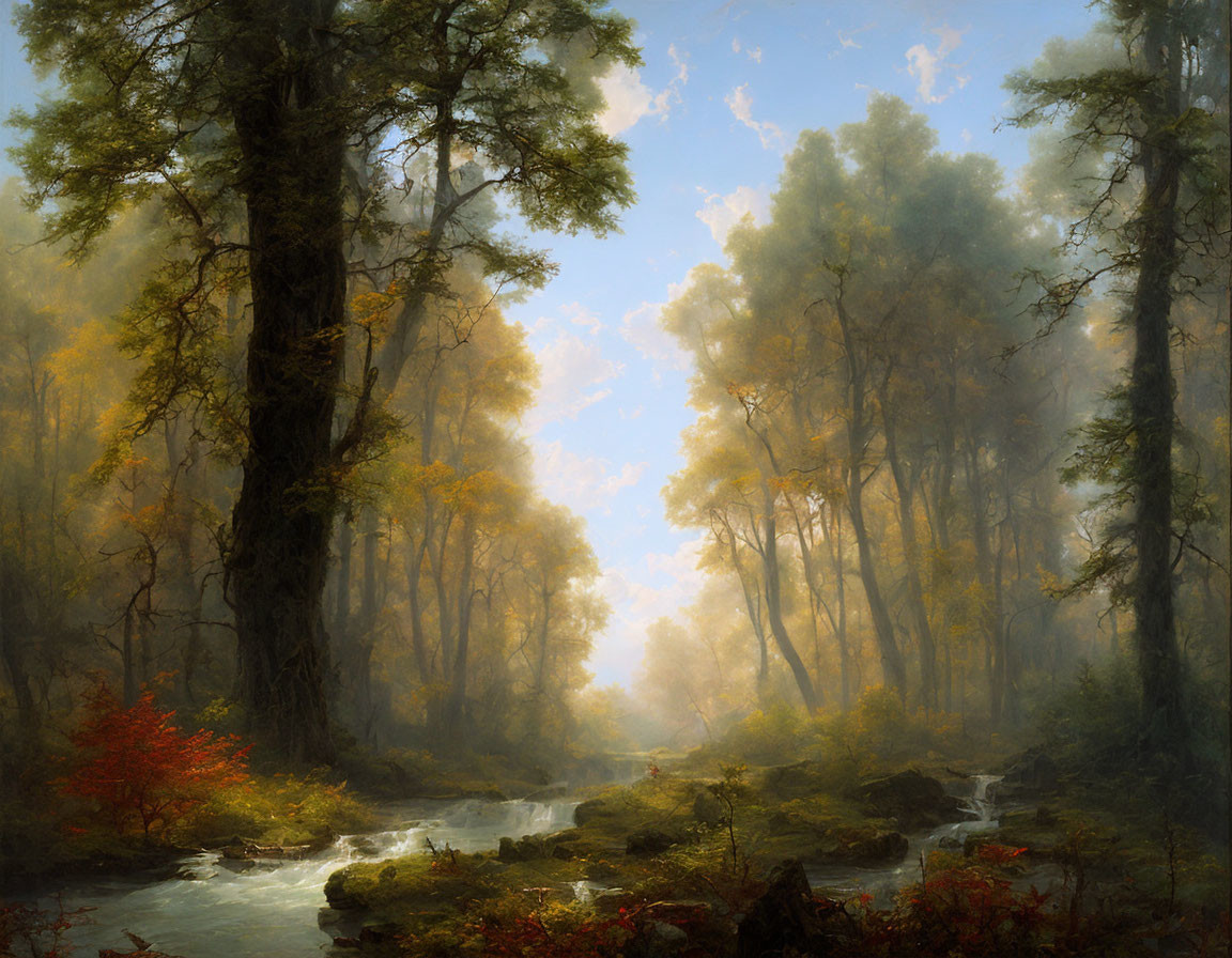 Tranquil forest scene with stream, mist, autumnal trees