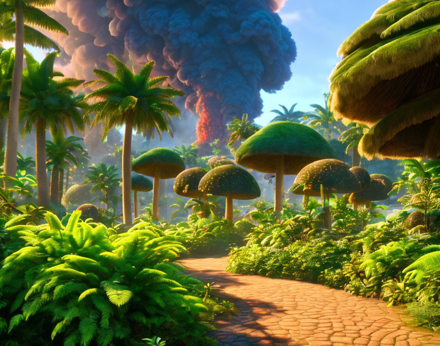 Sunlit jungle with mushroom trees, cobblestone path, and erupting volcano