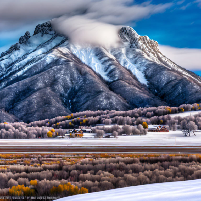 Mountain landscape with autumn trees and buildings under cloudy sky