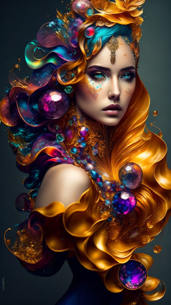 Vibrant surreal portrait of a woman with golden hair and cosmic elements