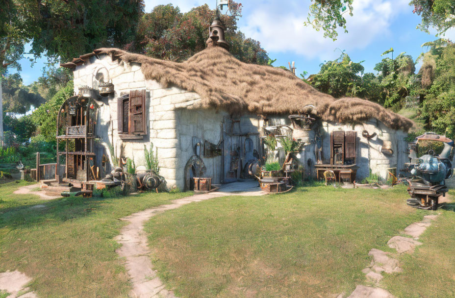 Thatched Roof Stone Cottage Surrounded by Greenery