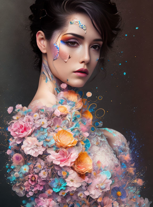 Woman with floral body art against cosmic background