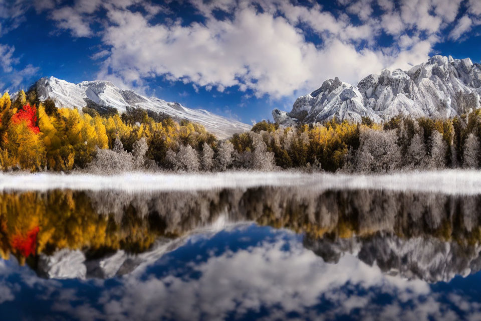 Tranquil mountain landscape with fall foliage, calm lake, snow-dusted trees, and cloudy sky