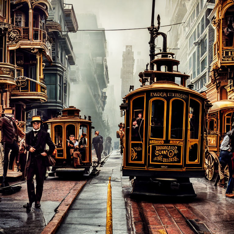 Vintage Street Scene: Cable Cars, Period Attire, and Foggy Backdrop