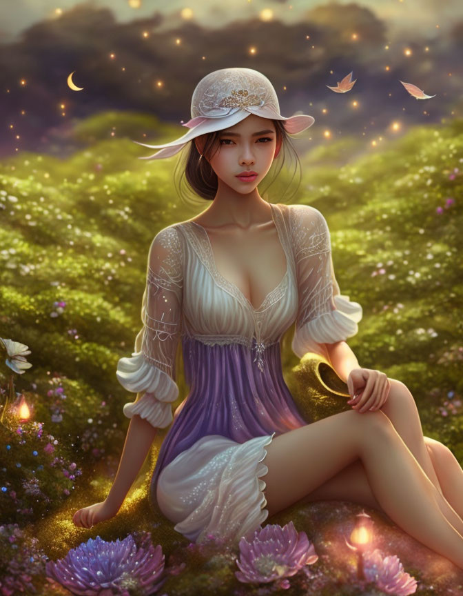 Digital art: Woman in purple dress and hat in magical glade with butterflies and glowing flowers at dusk