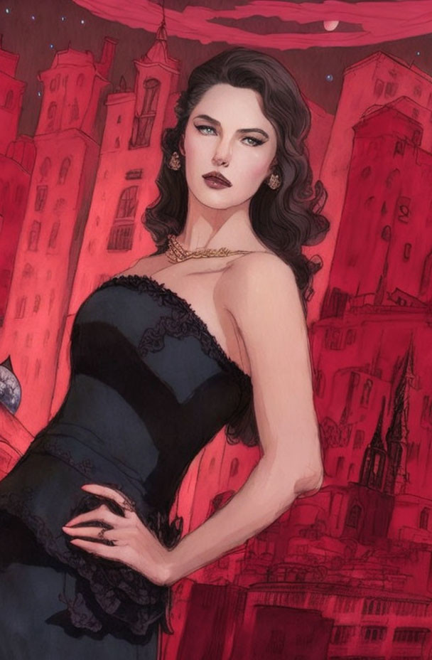 Illustrated woman in black dress against red cityscape.