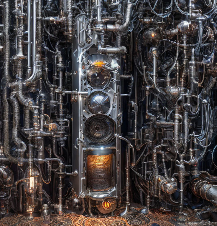 Steampunk-themed metallic pipes and machinery with illuminated chamber and valves