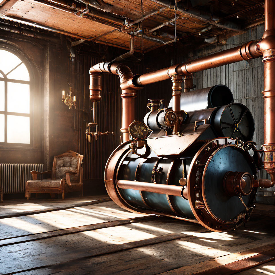 Vintage Steam Engine in Rustic Room with Wooden Walls and Sunlit Window