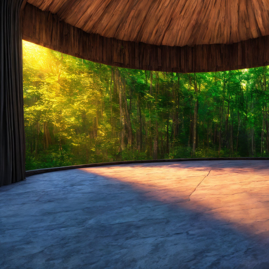 Forest sunlight illuminates circular stage with textured backdrop