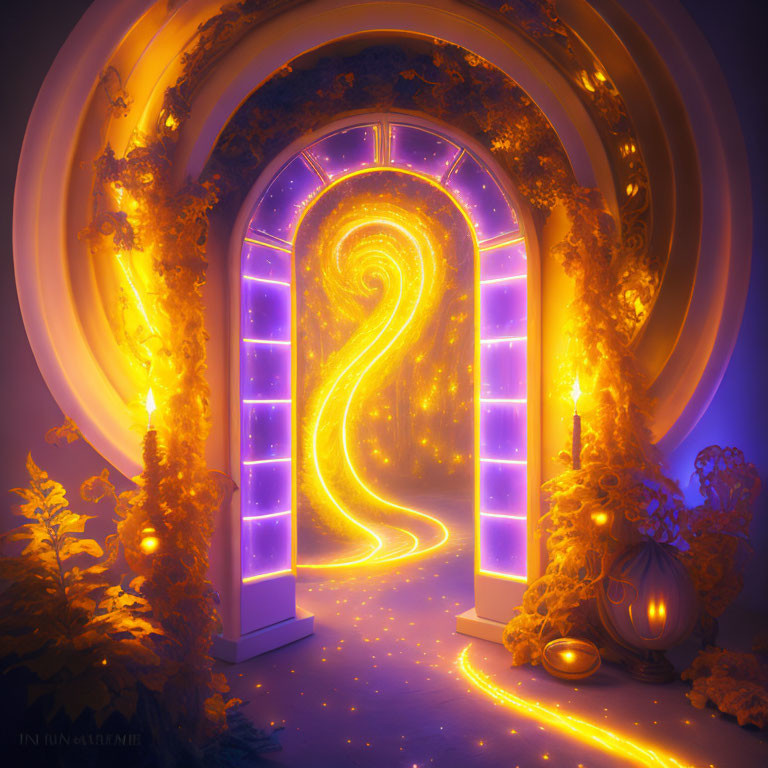 Fantasy Archway with Swirling Golden Patterns and Purple Portal