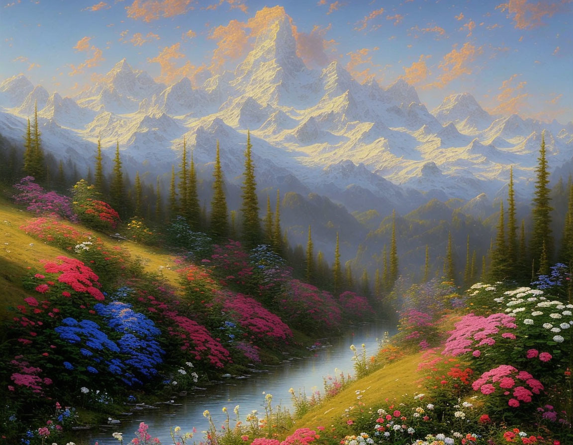 Scenic landscape painting of river, flowers, mountains, and soft light