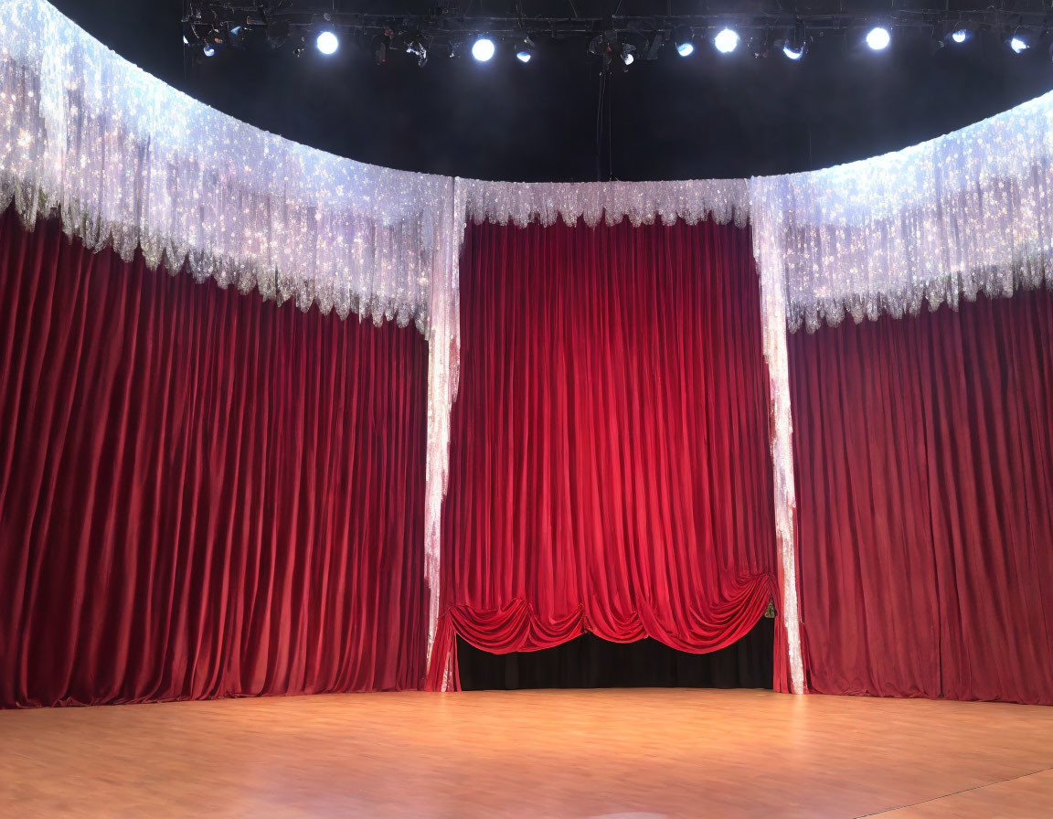 Theater stage with closed red velvet curtain and decorative lights