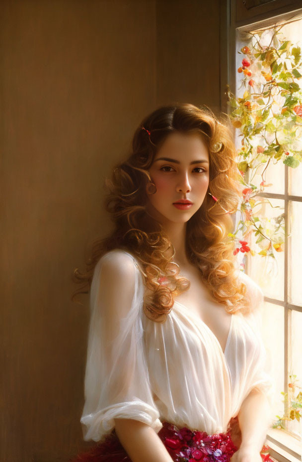 Curly-haired woman in white blouse by window with sunlight and climbing flowers