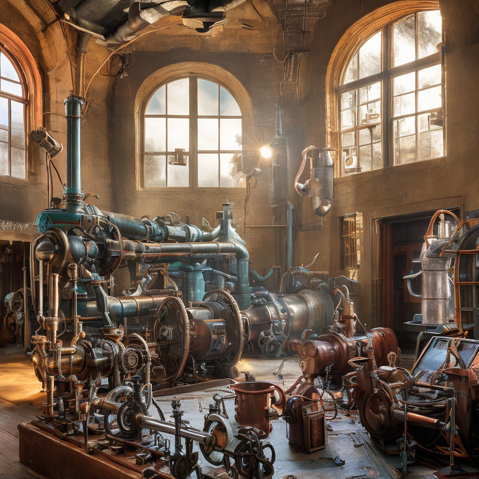 Vintage machinery and pipes in dusty workshop with sunlight streaming through windows