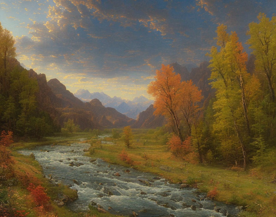 Autumnal forest river painting with mountains and cloudy sky