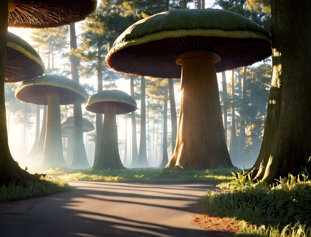 Enchanted forest with winding path, massive mushroom-like trees, dappled sunlight, and ground