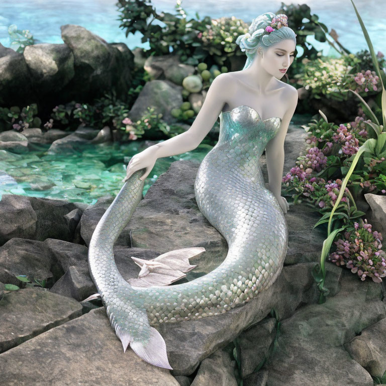 Mermaid digital art: Shimmering tail on coastal rocks