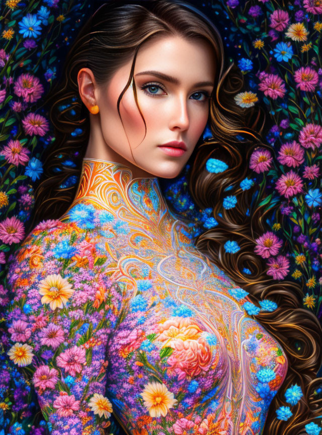 Woman with Blue Eyes and Brown Hair Among Colorful Flowers