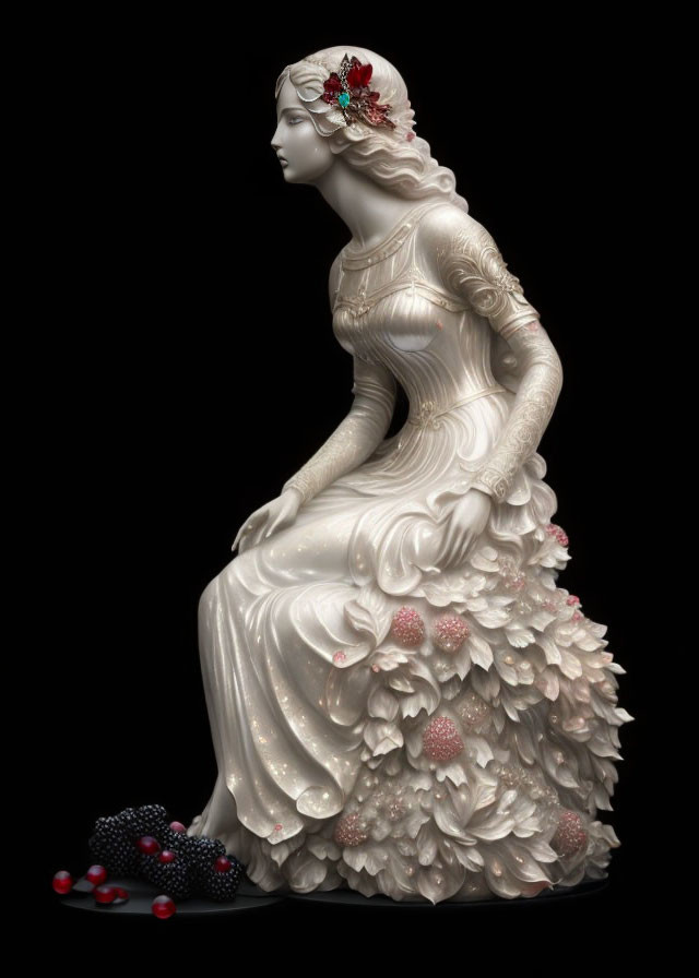 Porcelain seated woman figurine in floral dress with intricate details