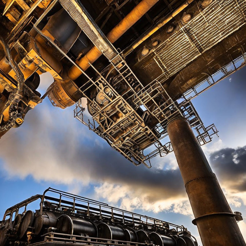 Industrial structure with pipes and metal framework against cloudy sky